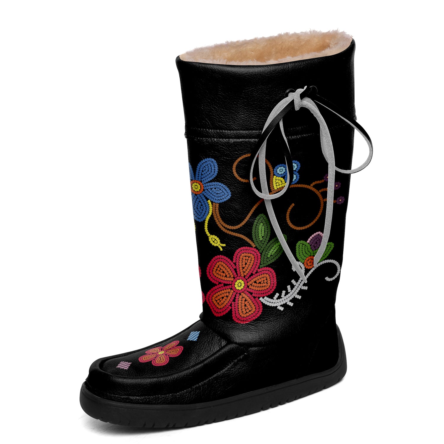 Flower Beadwork People Black Real Leather MocLux