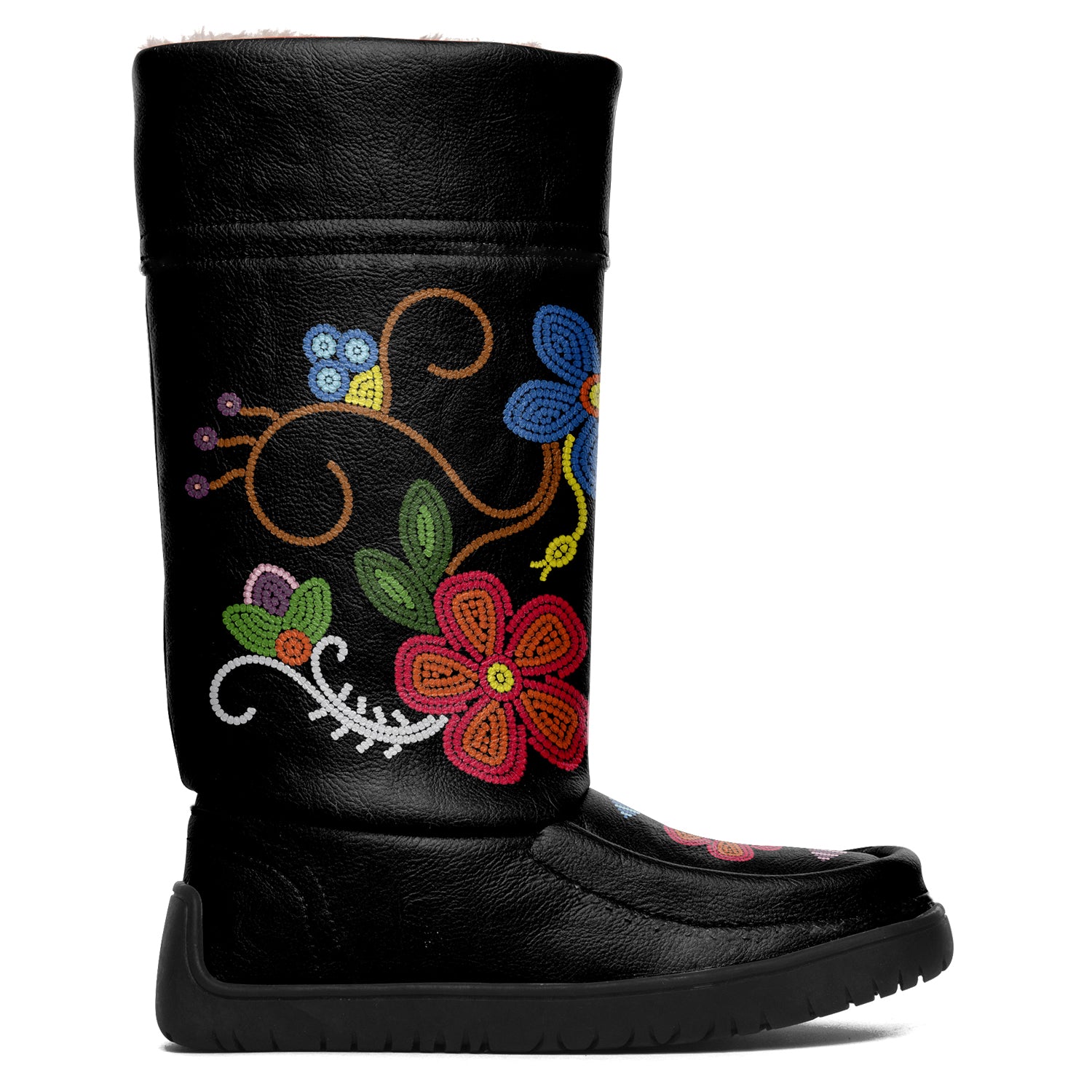 Flower Beadwork People Black Real Leather MocLux