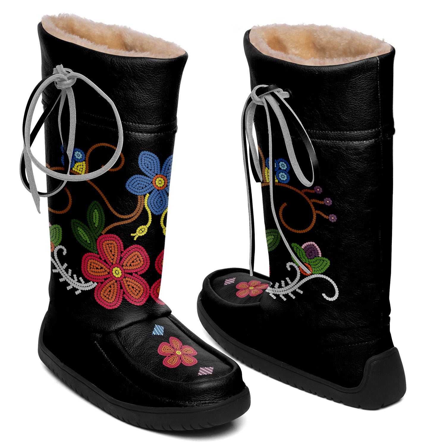 Flower Beadwork People Black Real Leather MocLux