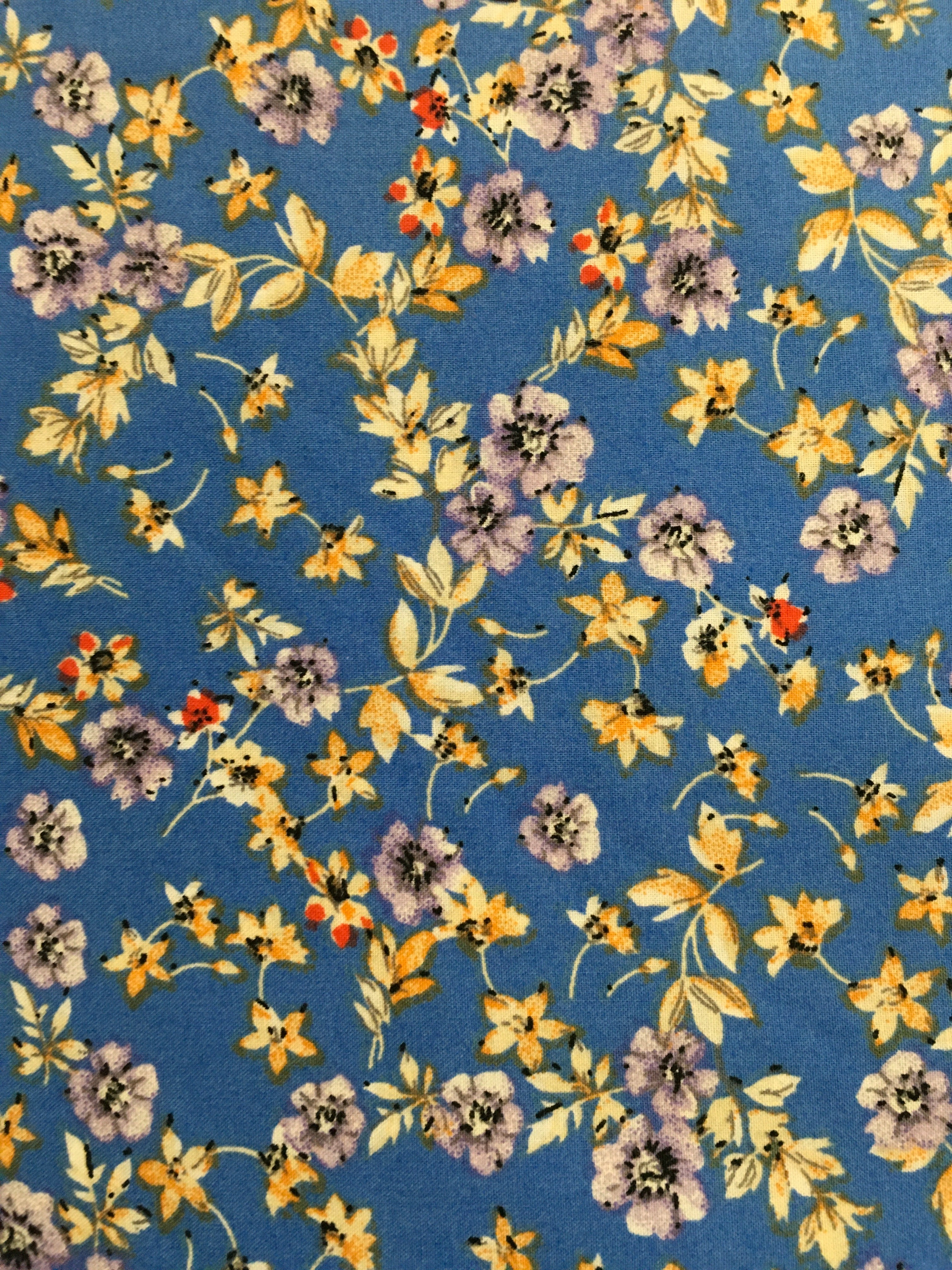 Purple and Yellow Flowers Blue Background 56 inch Cotton Fabric