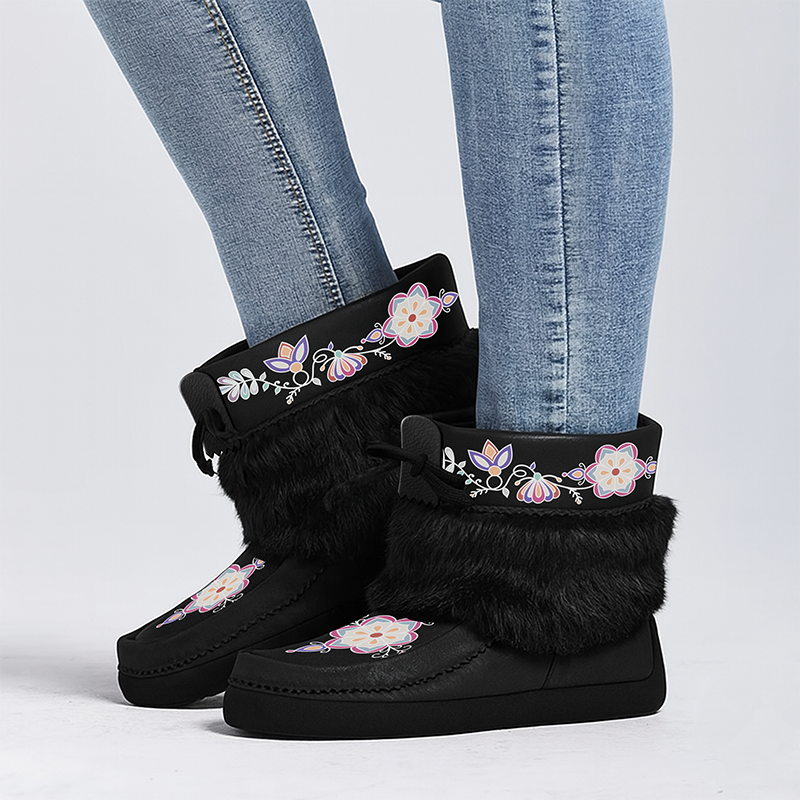 Aurora Petal Glow Black Leather MocLux Ankle with Fur